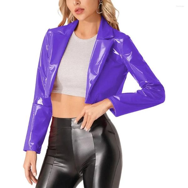 Damenjacken Wet Look Vinyl PVC Leder Turn-Down-Ausschnitt Glänzend Vollarm Sexy Lady Crop Coat Show High Street Club Party 7XL