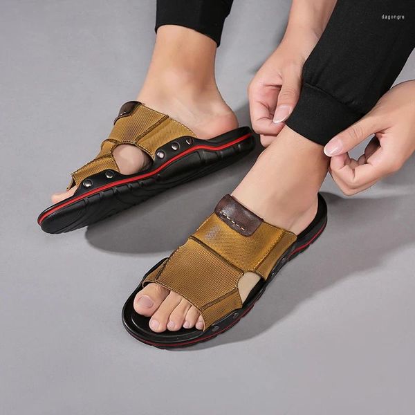 Sandalet Coslony Erkek Yarım Terlik Yaz Nefes Alabilir Sandal Orijinal Deri Açık Men Erkekler Daireler Rahat tembel ayakkabı el yapımı erkek rahat ayakkabılar