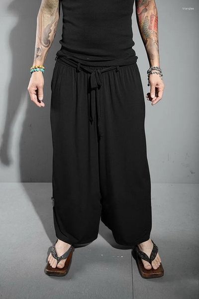 Calças masculinas verão casual desleixado culottes de perna larga nove minutos queimado estilo Yamamoto