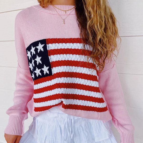 Kadın Sweaters Vintage Kadınlar Bayrak Süveteri Sıradan Uzun Kollu Mürettebat Örtü Örme Çiçek Top Amerikan Grafik Y2K Vintage T-Shirt 231121