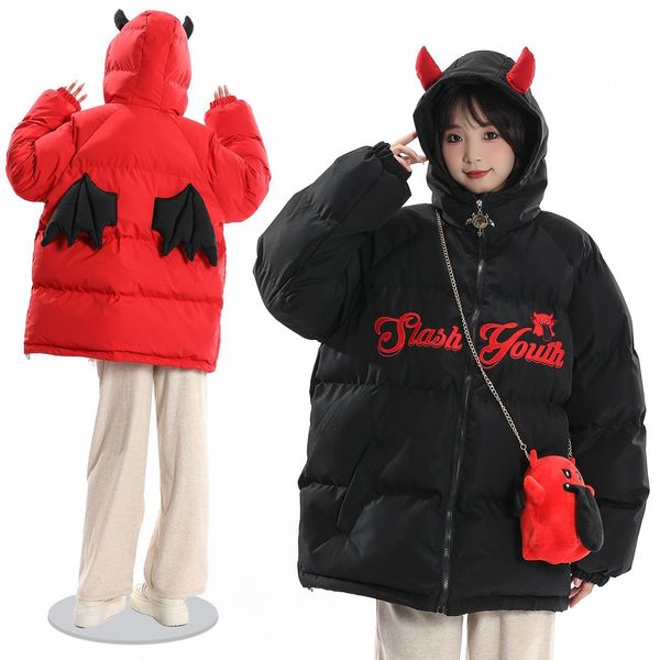 Winter Teufel Hörner Flügel Parka mit Tasche Stickerei Brief Teufel Dicke Warme Blase Jacken 2023 Harajuku Lose Mit Kapuze Oberbekleidung