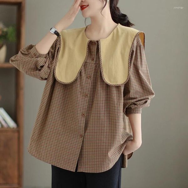 Женские блузки 2023, японский стиль, матросский воротник, клетчатая милая шикарная осенняя блузка для девочек, рубашки, уличная мода, женская весенняя повседневная одежда