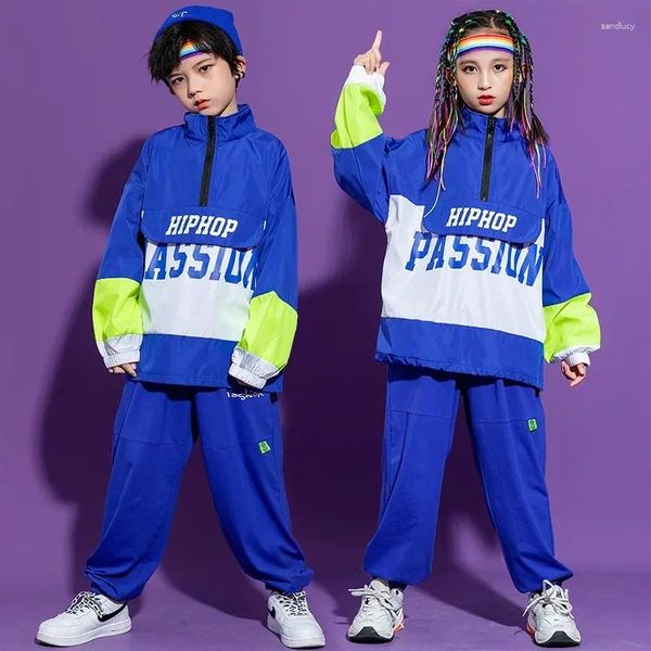 Palco desgaste criança hip hop roupas azul gola alta jaqueta de grandes dimensões pulôver streetwear jogger calças para meninas meninos dança traje roupas