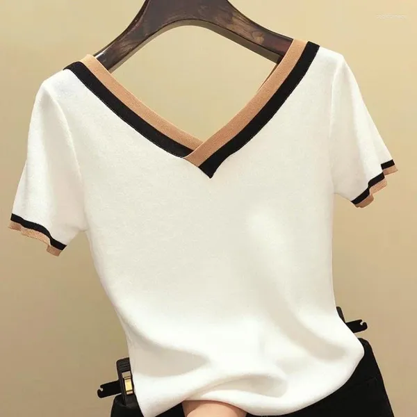 Женские блузки 2023, трикотажная рубашка с коротким рукавом и v-образным вырезом, женские полосатые летние топы, корейская одежда контрастного цвета, Femme Camisetas Mujer 13362