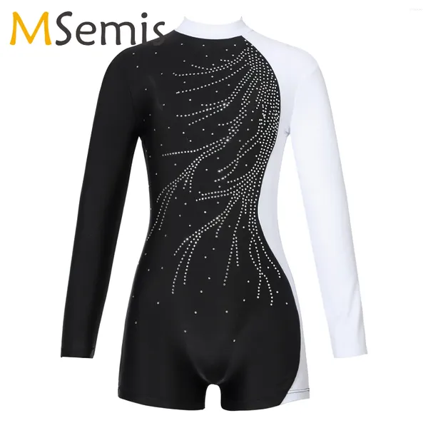 Palco desgaste ginástica collant para crianças meninas biketards uma peça manga longa brilhante diamantes tanque ballet dança unitard curto bodysuit