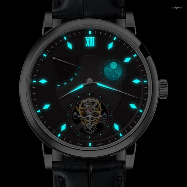 Нарученные часы Super BGW9 Luminous Hands Tourbillon Мужчины смотрят оригинальный ST8001 Календарь Луны Фаза мужские механические часы аллигатор