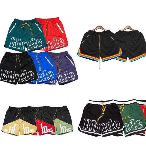 Roupas de grife curtas casuais shorts da moda Rhude calças masculinas femininas casuais coqueiro malha pôr do sol arco-íris bordado patchwork cor esportes cordão