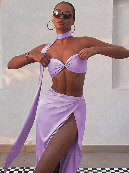 Повседневные платья Avrilyaan Purple Satin Sexyless Sexy Two Piece Set 2023 Top High Split Midi Юбка Женщины Элегантные 2