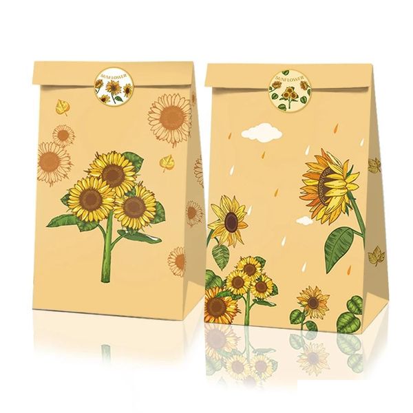 Geschenkpapier 12 Teile/los Sonnenblume Papiertüte Mit X18 Aufkleber 150G Qualität Umwelt Kraft Food Klassische Verpackung Drop Delivery Home G Dhku8