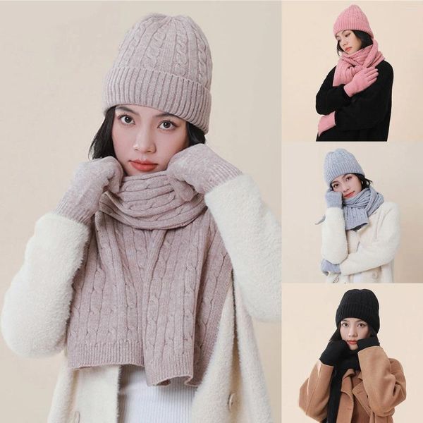 Lenços Mulheres Chapéu De Lã Luvas Lenços Conjunto 3 Pcs Engrossado Pescoço Quente Beanie Com Inverno Sólido Tricô Neckerchief