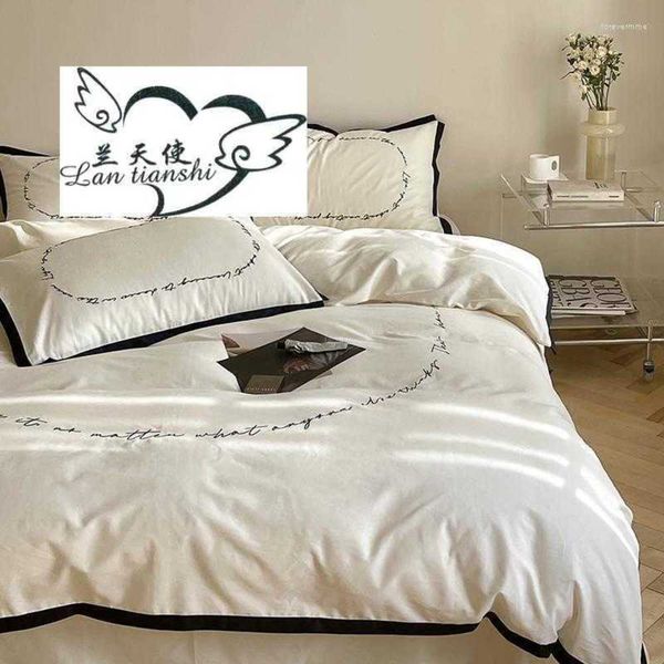 Bettwäsche-Sets Bettwäsche-Sets aus reiner Baumwolle, gebürstet, einfache Stickerei, weich, wärmer, Bettbezug, 4 Stück für den Winter zu Hause (Queen King Size Weiß/Blau)
