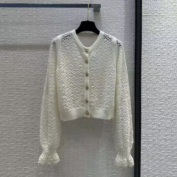 Malhas femininas outono fino oco gancho flor lanterna manga de malha cardigan feminino o pescoço botões de metal lã mohair doce camisola curta