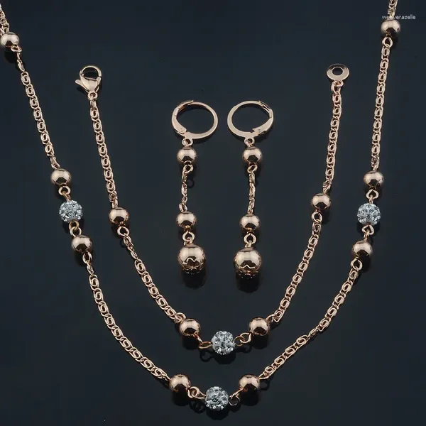 Colar brincos conjunto feminino grânulo zircão cúbico bola 585 rosa ouro cor jóias pulseira