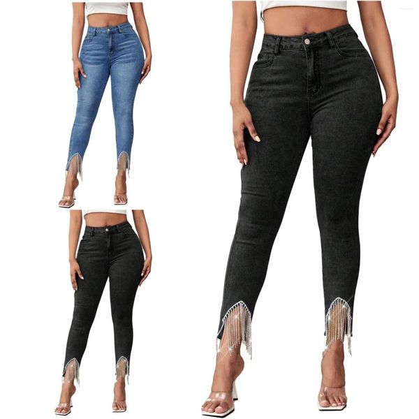 Jeans feminino cintura alta leggings franja com bolsos calças jeans