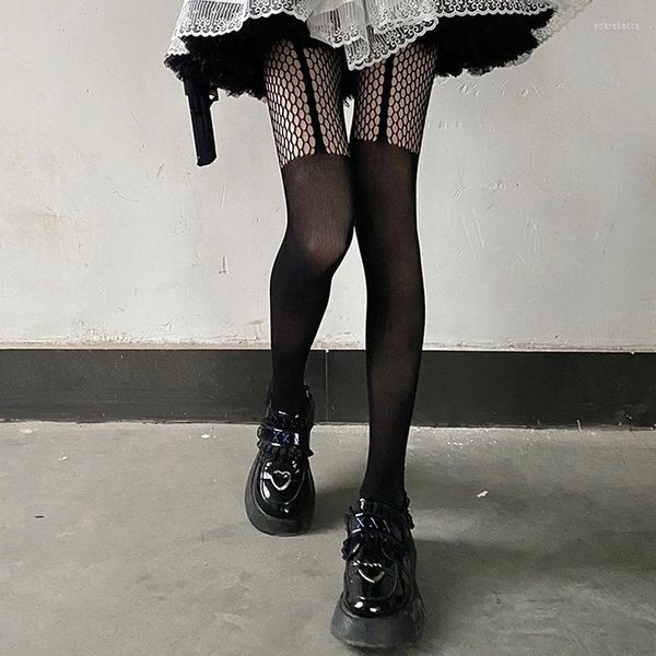 Mulheres meias eróticas respiráveis ​​seções finas de seção de boate preto lolita -calça lolita calça de pesca sexy calças joelhos altas meias