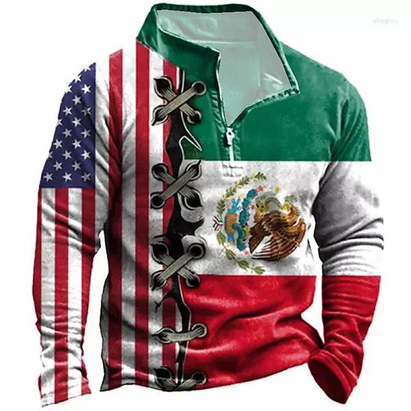 Polos masculinos bandeira mexicana de manga longa camisa pólo homens zípeiro de moletom de moletom meio mexico mexico brasão de braços estampest