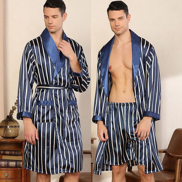 Herren Nachtwäsche Plus Größe 4XL 5XL Herren Kimono Bademantel Kleid Shorts Set Frühling Sommer Seidensatin Nachtwäsche Navy Blue Stripe Home Wear