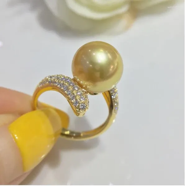 Anelli a grappolo Splendido enorme anello rotondo in oro naturale con perla del Mar Cinese Meridionale da 11-10 mm 925S