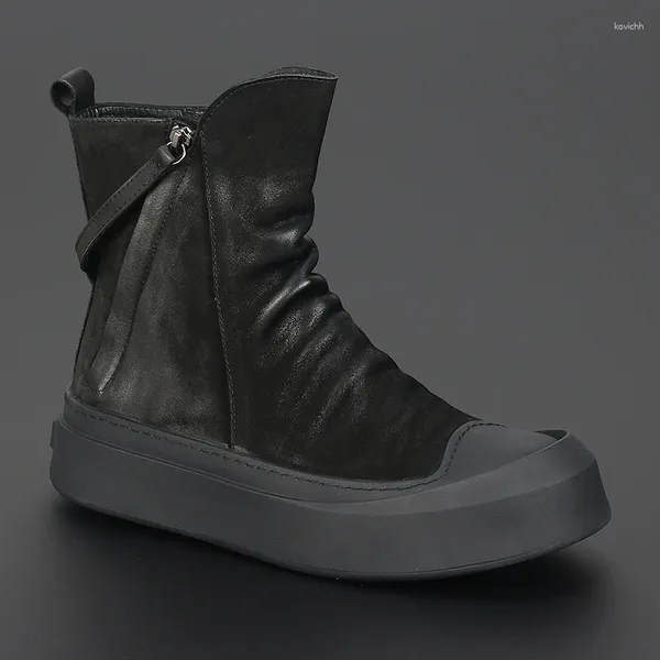 Stivali Versione Coreana Delle Scarpe Da Uomo In Pelle Nera Con Suola Spessa Corta Comoda Casual Pelle Bovina Alta Moda