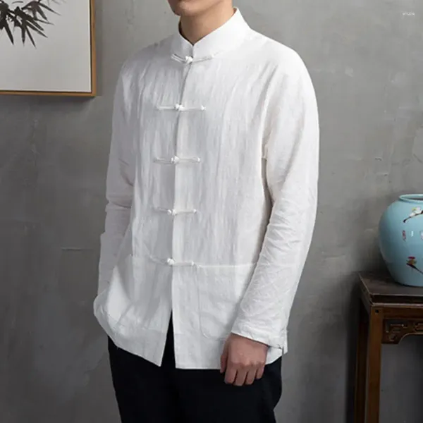 Erkekler Sıradan Gömlekler Mandarin Yakası Disk Düğmesi Gömlek Geleneksel Çin Stili Uzun Kollu Cepler
