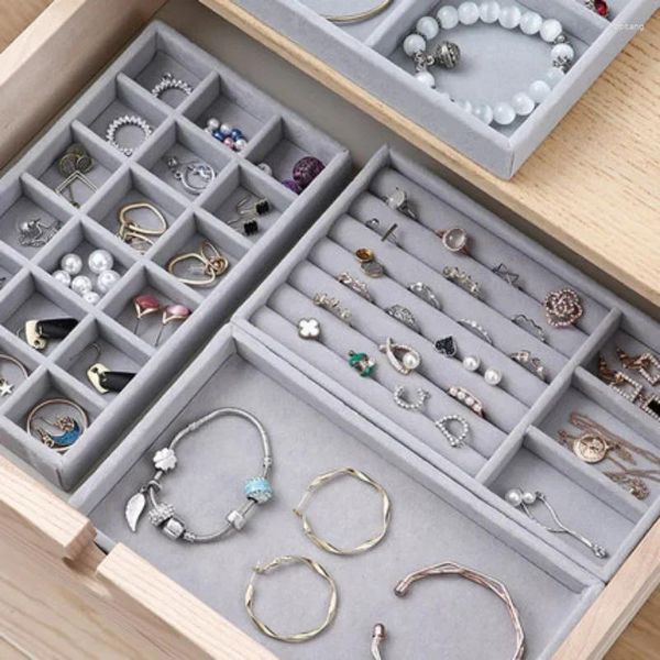 Bolsas de jóias bandeja de veludo caso exibição empilhável requintado jóias titular caixas portátil anel brinco caixa