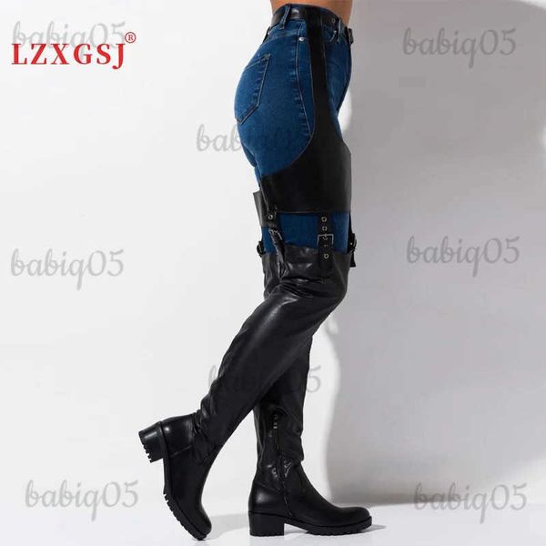 Stivali 2023 inverno tacchi bassi cintura stivali alti alla coscia per le donne pu pelle sopra gli stivali al ginocchio cavaliere stivali lunghi lady passerella scarpe T231121