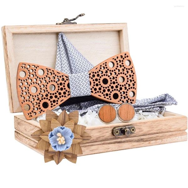 Papillon da uomo con motivo floreale in legno, fazzoletto da taschino in seta, spilla con scatola in legno per matrimonio, regalo di Natale, collo