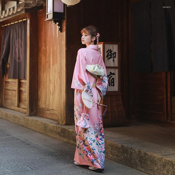 Ethnische Kleidung Damen Japanischer Traditioneller Kimono Rosa Farbe Blumendrucke Formal Yukata Cosplay Kostüm Performing Dress Pography