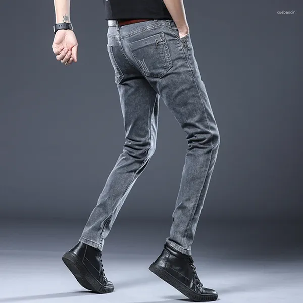 Jeans masculino jeans cinza para a coreana chegada de chegada casual versátil elástico coreia slim straight calça masculino masculino