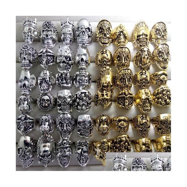 Cluster Ringe Großhandel 100 Stücke Sier Gold Skl Kopf Patten Skeleton Legierung Schmuck Finger Ring Kristall Männer Punk Biker Mode S Dhgarden Dha1K