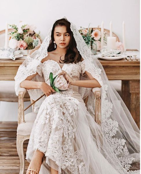 Véus de noiva 1 camada véu branco renda retrro estilo coreano casamento fio macio catedral cocar