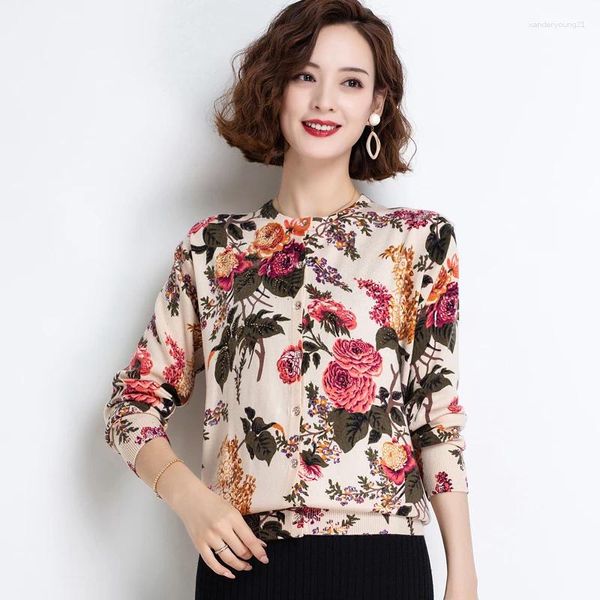 Malhas femininas feminino floral impresso camisola outono feminino elegante impressão malha cardigan manga longa único breasted malhas casaco