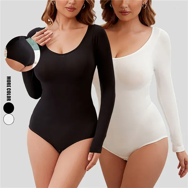 Body modellante da donna Body a maniche lunghe senza cuciture tinta unita Shapewear ad alta compressione Body Shaper con controllo della pancia Girocollo Tuta