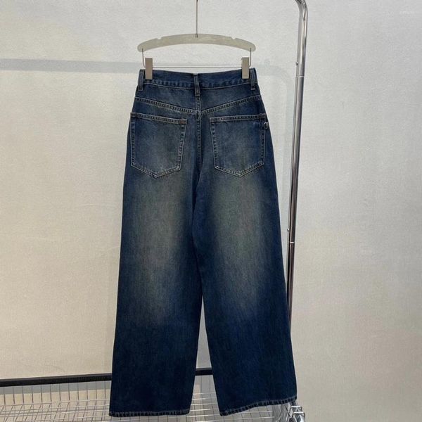 Calça Jeans Feminina Triângulo Etiqueta De Cintura Alta Perna Reta Mulher De Perna Larga