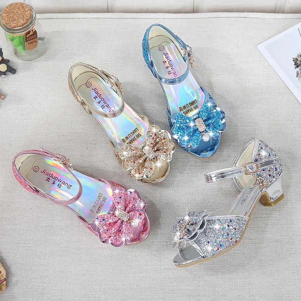 Sandálias 5 cores crianças Princesa sandálias infantil garotas sapatos de casamento altos sapatos de vestido tênis de arco -dourado rosa azul de prata para meninas 230421