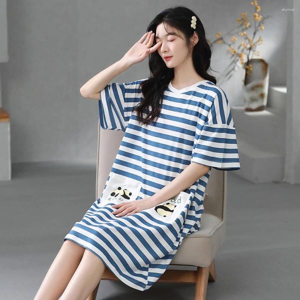 Mulheres sleepwear mulheres camisolas de malha algodão tamanho grande S-5XL vestido de sono nighttie listrado sleepshirts nightwear senhoras casa