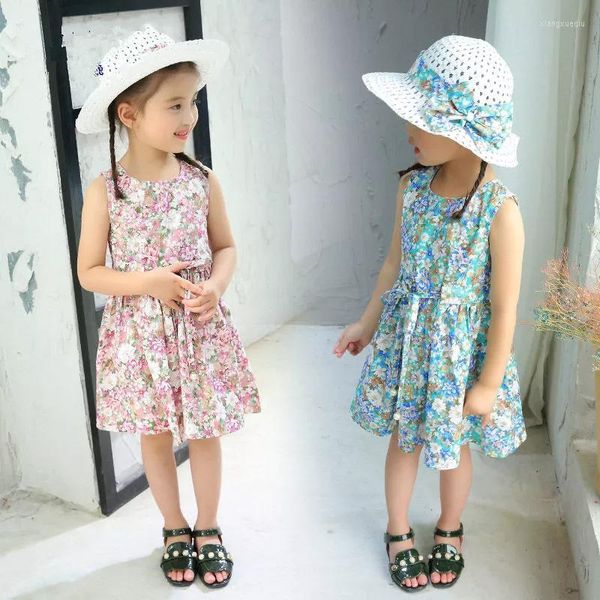 Девушка платья 2pcs/Set Girls Dress Hat Hat Компания Cotte Comploy Children's 2023 Летние цветочные девушки без рукавов для детей