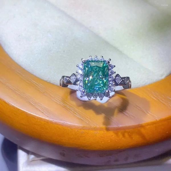 Cluster-Ringe, 2 Karat blaugrüner Moissanit-Diamantring, Strahlenschliff, 925er-Sterlingsilber, Braut, Brautjungfer, Heiraten, verlobt, glänzender Luxus