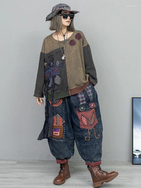 Calças femininas de duas peças bordadas à mão moda terno outono inverno manga comprida moletom dupla camada jeans harlan conjunto de duas peças
