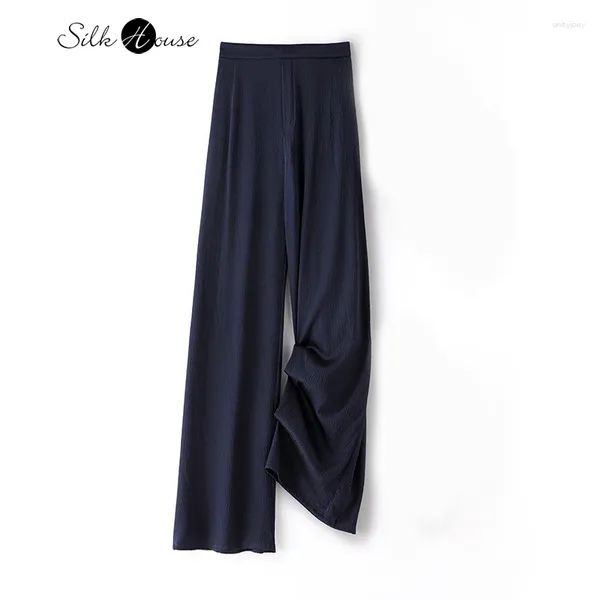 Женские брюки 2023, женская мода, эластичный атлас с жемчугом, плоская талия, 93% натуральный шелк шелковицы, темно-синий, повседневный