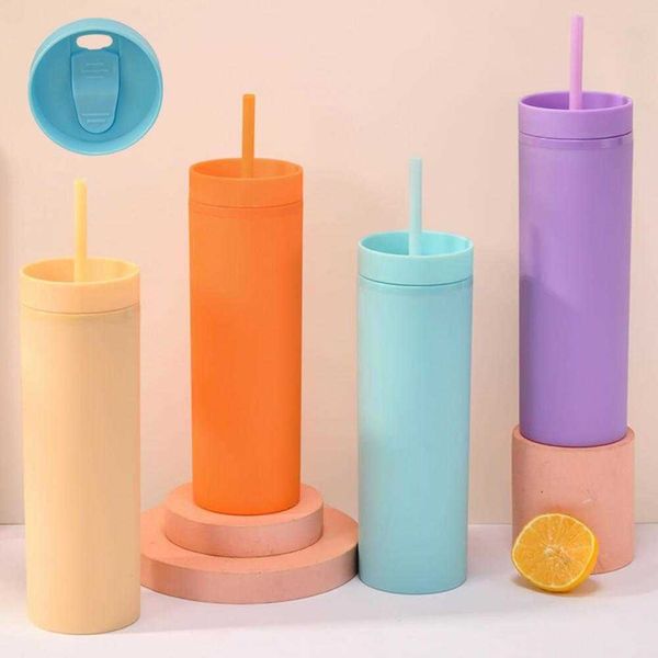 Kupalar 450ml Çift Duvar Sıska Tumbler Plastik Plastik Forsted Su Şişesi Matt Düz Kupa Yalıtımlı Tumbler Kahve Kupası Saman Z0420