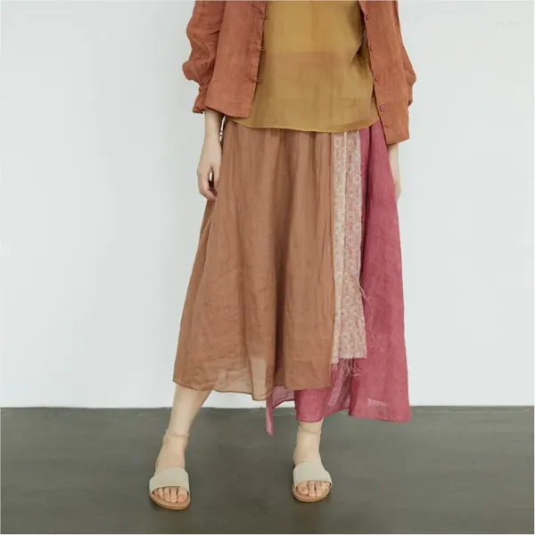 Etekler johnature kadınlar vintage patchwork renk ramie elastik bel 2023 yaz Çin tarzı a-line