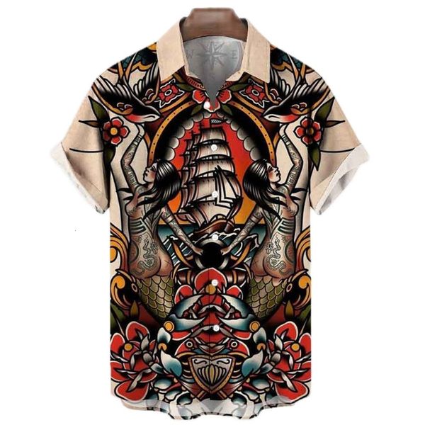 Herren Freizeithemden Sommer im japanischen Stil bedruckt für Herren Tattoo Hawaiian Classic Kurzarm Top Y2k Harajuku Clothing 230421