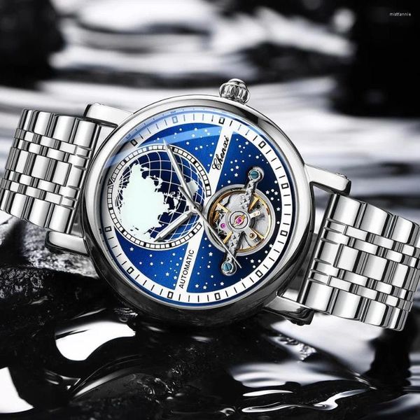 Relógios de pulso moda marca homens negócios relógio mecânico mundo estrelado luminoso impermeável movimento automático relógio masculino esportes