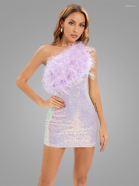 Freizeitkleider Sexy One-Shoulder-glänzende Pailletten-Feder, figurbetontes Minikleid, elegantes Lavendel, ärmellos, rückenfrei, Designer-Party-Club
