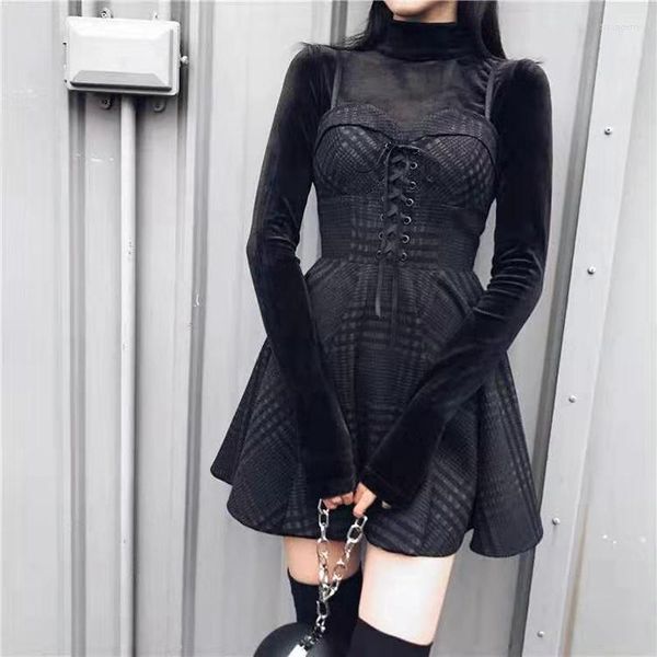 Casual Kleider Emo Frauen Plaid Plissee Minikleid Gothic Harajuku Sexy Sling Strap Backless Rock Punk Jurken Goth Mädchen weiblich kurz