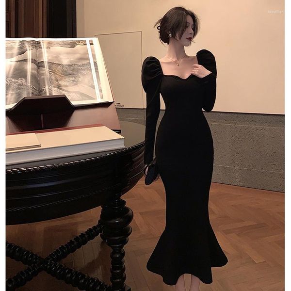 Parti elbiseleri zarif denizkızı siyah gece elbise kadınlar Koreli Vintage Gotik Sping Sonbahar Günlük Hepburn Slim 2023