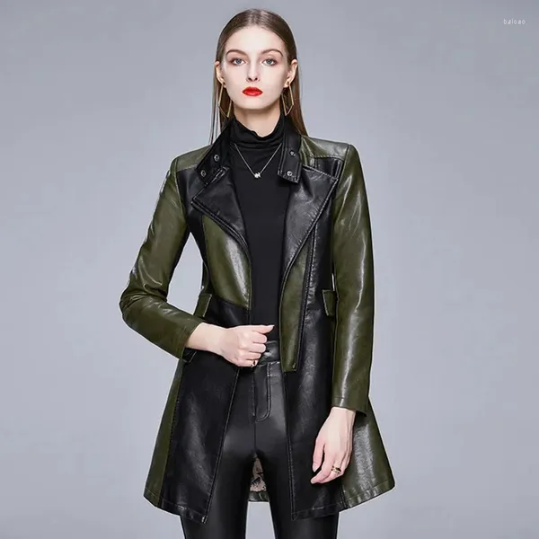 Damen Leder Frühling Herbst Frauen Lange Faux PU Slim Fashion Punk Outwear Motorradjacke Lässiger Mantel