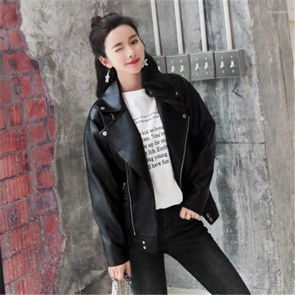 Damen Leder Frühling Herbst Lose Damen Faux PU Koreanische Motorradjacke Mantel Lässig Große Größe Schwarz