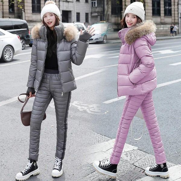 Женские брюки из двух предметов, модные зимние наряды 2023 года для женщин, пальто с капюшоном и длинным рукавом, хлопковая повседневная парка, женский однотонный толстый костюм